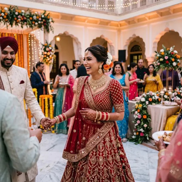 Indian bride and groom holding hands and smiling in a historic heritage palace wedding venue.