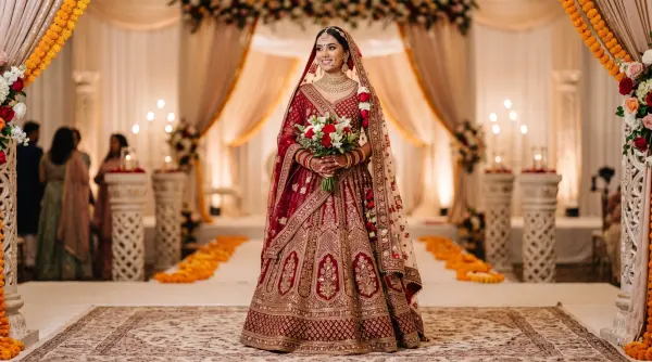 Smiling Indian bride in a red and gold embroidered lehenga holding a bouquet of roses in a wedding venue.