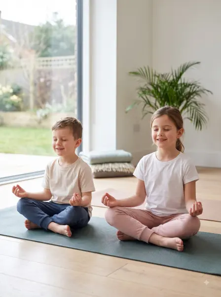 Boy and girl sitting cross-legged meditating on yoga mats in a bright living room.