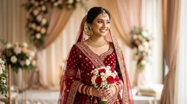 Close up of a smiling Indian bride in a red lehenga and heavy gold jewelry holding a rose bouquet.