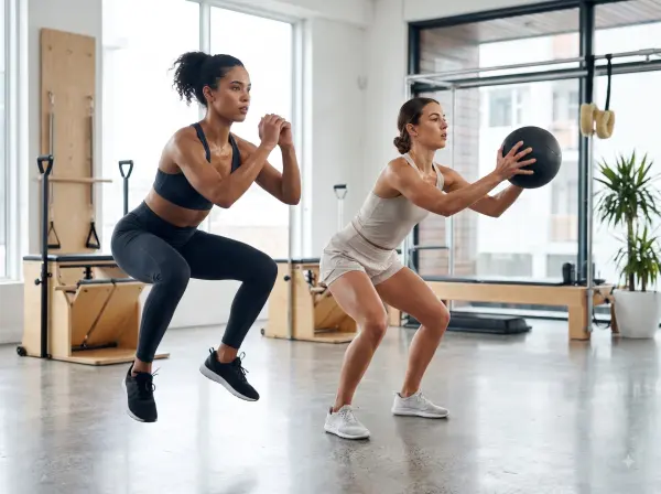 Two women working out doing jump squats and holding a medicine ball in a bright gym.