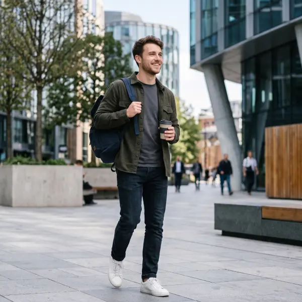 A happy Caucasian man walking on a paved city plaza, carrying a blue backpack and holding a coffee cup, wearing a green overshirt and jeans.