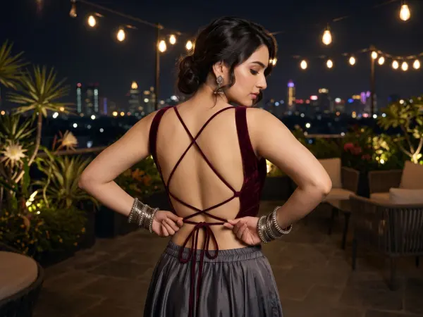 A beautiful Indian woman viewed from behind, adjusting the tie of her elegant burgundy velvet backless blouse. She is wearing stacked silver bangles and stands on a rooftop terrace decorated with string lights, with a blurred city skyline at night in the 