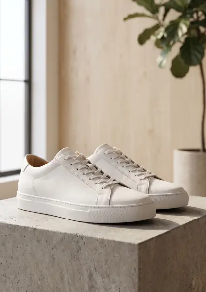 A pair of pristine, minimalist white leather sneakers with white laces are displayed sitting on a textured, light grey concrete block. The background is a brightly lit, modern room with light wood paneling and a potted plant.