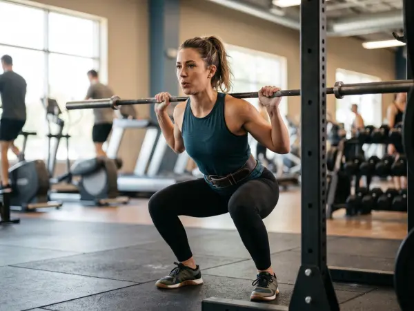 A fit, determined woman wearing a lifting belt performing a heavy barbell back squat in a power rack inside a bustling modern gym environment.