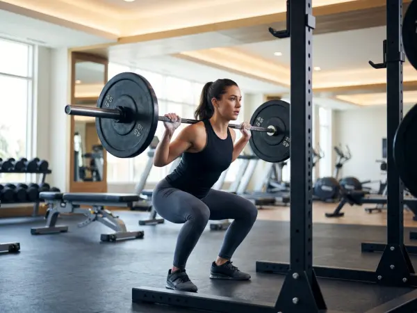 A focused athletic woman in black and grey activewear performing a barbell squat exercise inside a power rack in a spacious, well-lit modern gym.