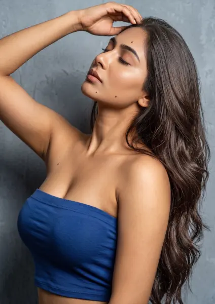 A portrait of a beautiful young woman wearing a blue tube top, with her eyes closed and one hand resting near her head, showcasing her long dark wavy hair against a grey wall.