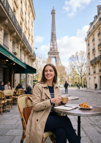 A cheerful young woman in a beige trench coat sits at an outdoor cafe table on a cobblestone street, holding a coffee cup next to a croissant, with the Eiffel Tower towering in the background.