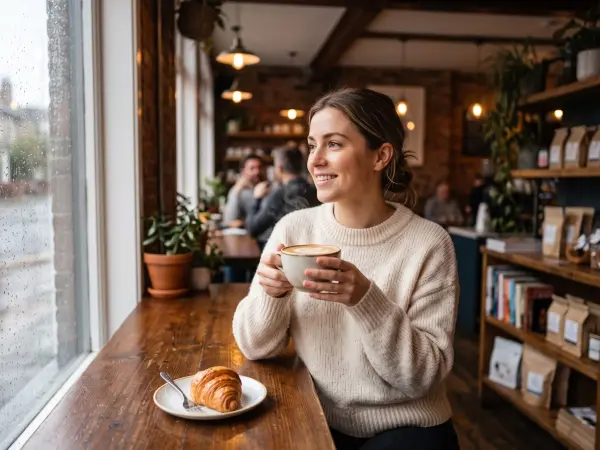 A cheerful young woman wearing a chunky cream sweater sits at a wooden window counter in a cozy cafe, smiling as she looks outside while holding a large mug of coffee with both hands.
