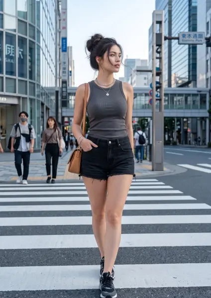 A full-length shot of a stylish young woman walking towards the camera on a black and white striped pedestrian crosswalk in a busy urban city environment.