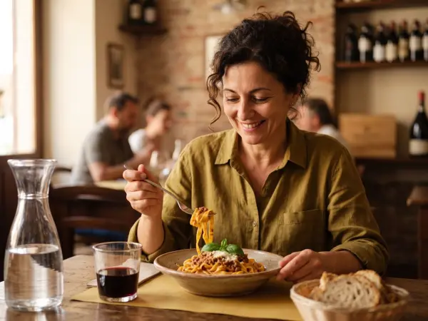 A close-up portrait of a happy, smiling woman with dark curly hair sitting in a cozy, softly lit restaurant. She is holding a silver fork, twirling a large bite of fresh tagliatelle pasta with rich meat sauce from a ceramic bowl. A glass of red wine and w