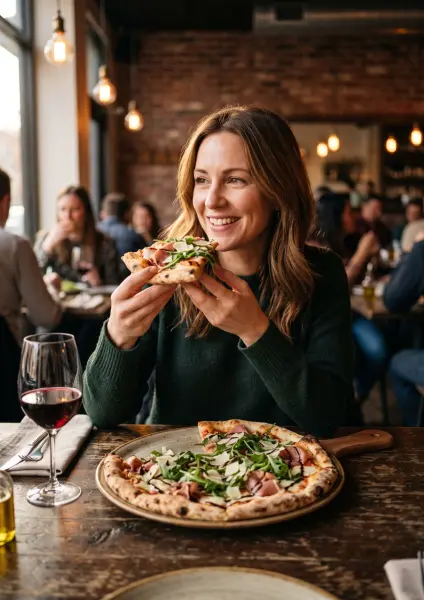 A cheerful young woman in a green sweater holding up a slice of prosciutto pizza, smiling brightly as she dines at a rustic wooden table with a glass of red wine.