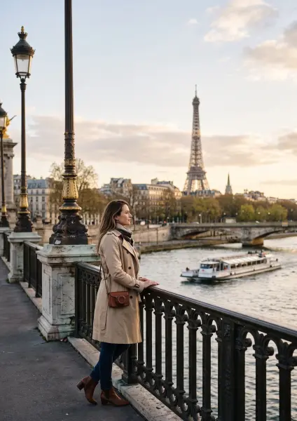 A young woman wearing a beige trench coat leans against an ornate black metal bridge railing, looking thoughtfully across the Seine River towards the Eiffel Tower under a soft sunset sky.
