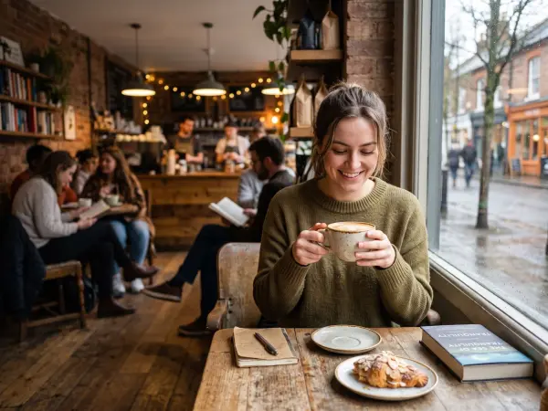 A cheerful young woman in a green sweater sits at a wooden window counter in a cafe, smiling as she holds a latte mug with both hands, a croissant and notebook on the table.