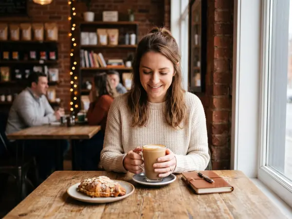 A happy young woman sitting at a rustic wooden table in a cozy, softly lit cafe, smiling warmly as she holds a large glass mug of latte, with an almond croissant and leather notebook nearby.