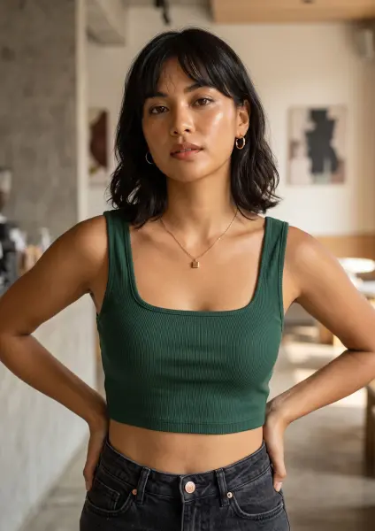 A portrait of a confident young woman with short dark hair, wearing a ribbed green square-neck crop top and dark denim jeans, standing with her hands on her hips in a blurred cafe.