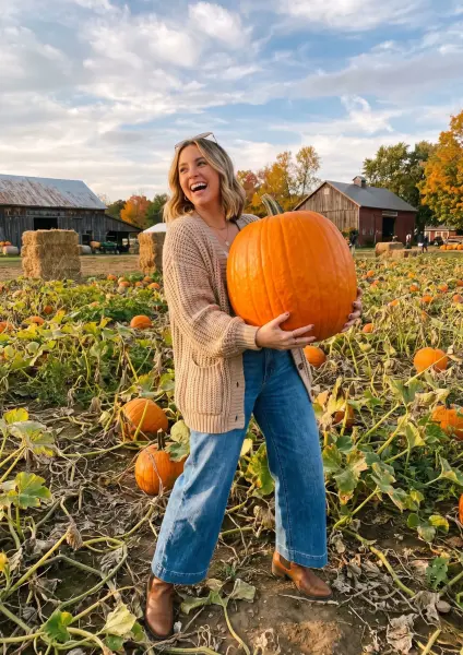 A young blonde woman is standing in a sprawling pumpkin patch, laughing joyfully with her head tilted back. She is using both hands to carry a massive, heavy orange pumpkin. She is wearing a chunky knit cardigan, wide-leg jeans, and brown boots. Farm barn