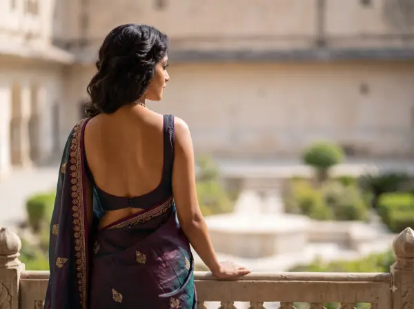 Woman in a deep purple backless saree standing on a stone balcony overlooking a courtyard.