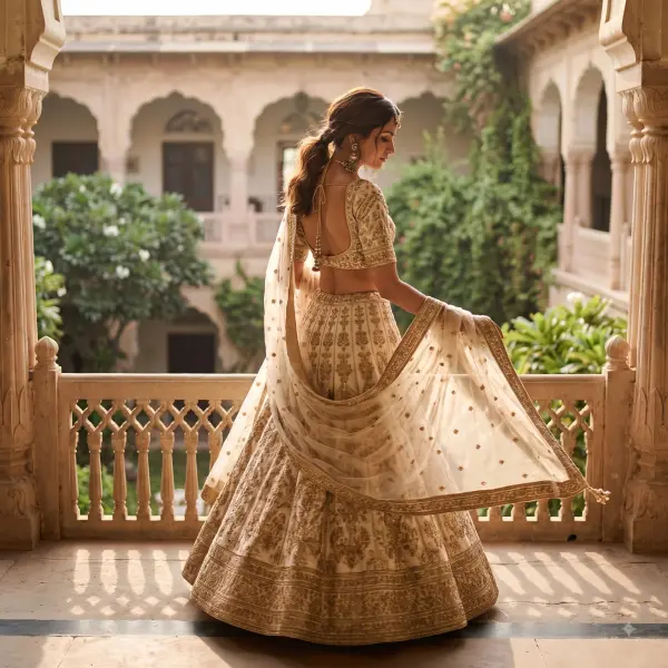 Indian bride wearing a white and gold embroidered lehenga standing on an ornate stone balcony.