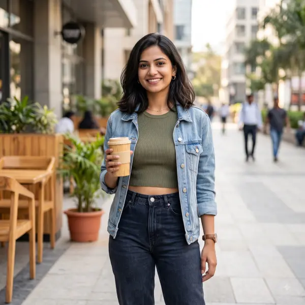 Smiling woman in a denim jacket and crop top holding a coffee cup on a sunny city street.