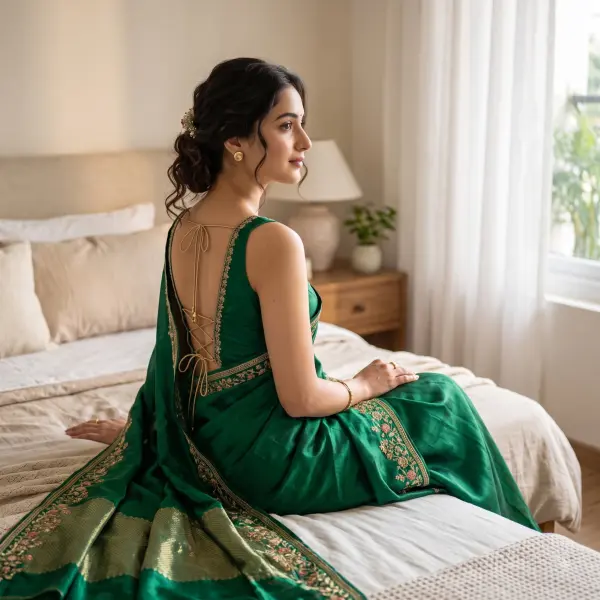 Beautiful Indian woman in green backless saree sitting on bed in modern warmly lit bedroom.