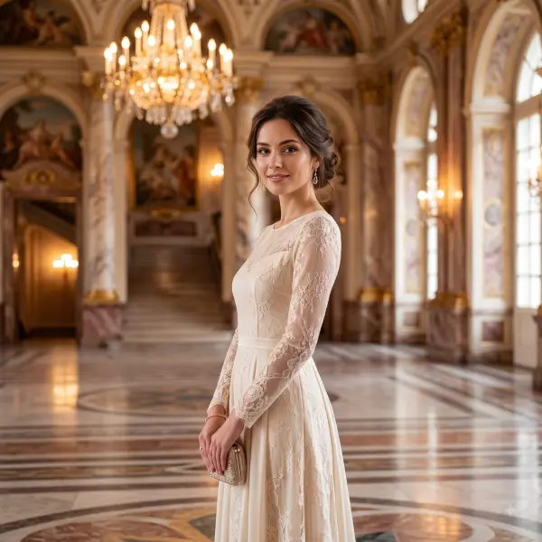 Elegant woman in cream lace dress standing in a luxury palace hallway holding a clutch.