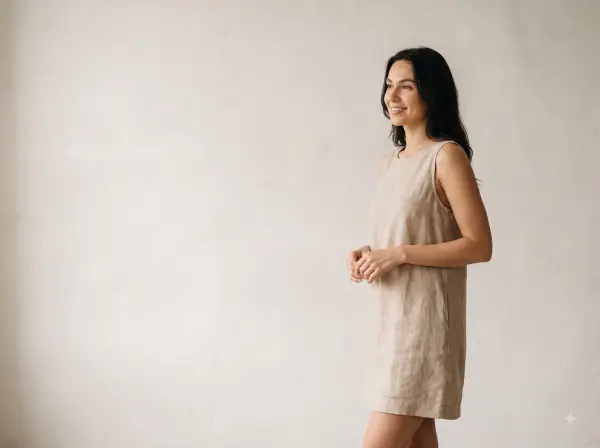 Side profile of a smiling woman wearing a beige linen sleeveless mini dress against a white wall.