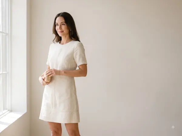 Elegant woman wearing a cream short-sleeve mini dress and holding a woven clutch near a bright window.