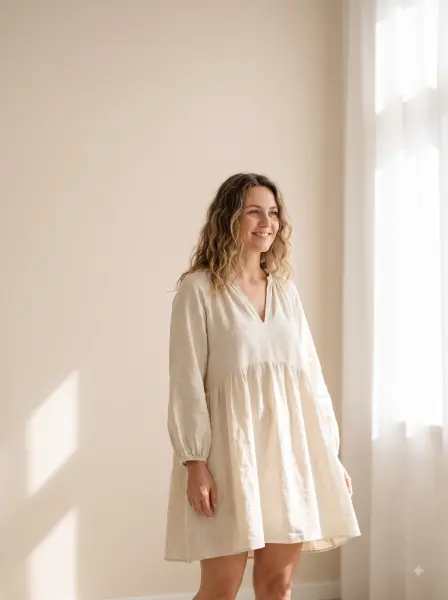 Smiling woman with curly hair wearing a flowy beige linen dress standing in sunlight near a window.