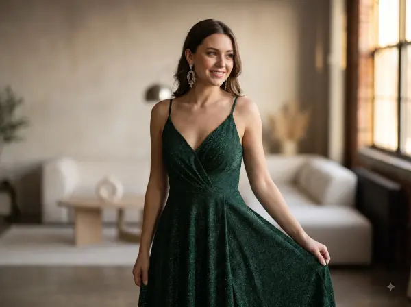 Smiling woman looking away wearing a sparkly green v-neck evening gown in a modern living room.