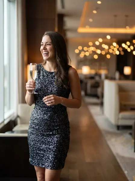 Laughing woman wearing a black sequin dress holding a champagne glass in a lounge with bokeh lights.