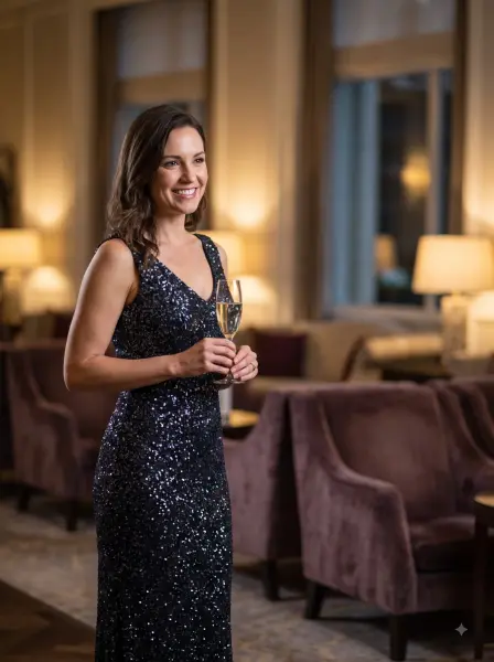 Smiling woman in a dark sequin v-neck gown holding champagne in a dimly lit elegant lounge.