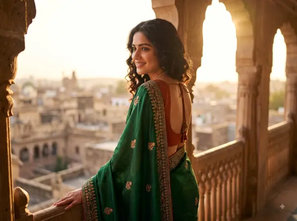 Smiling Indian woman in a green silk saree and backless blouse looking over her shoulder on a balcony at sunset.