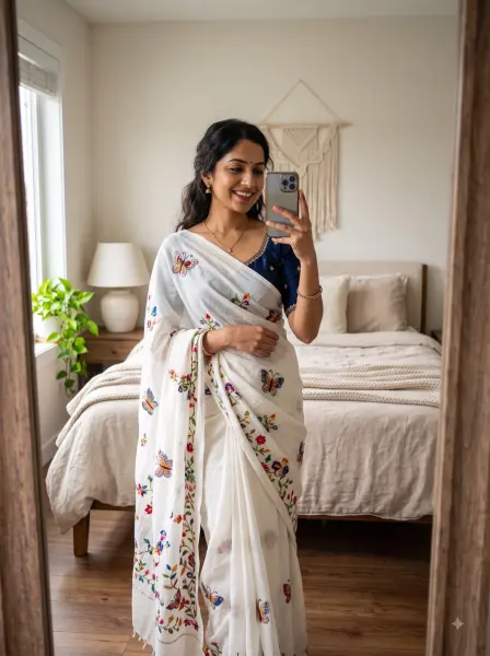 Smiling woman in a white butterfly embroidered saree taking a mirror selfie with her phone.