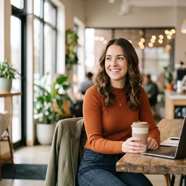 Smiling woman in an orange sweater holding a coffee cup sitting at a cafe table with a laptop.
