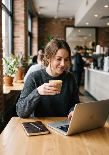A young woman wearing a dark grey sweater sits at a wooden cafe table by a window, smiling as she holds a latte and types on her silver laptop.