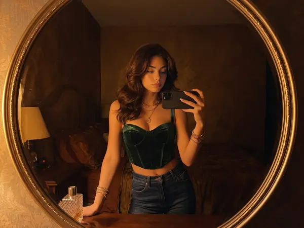 A beautiful young woman with long wavy hair taking a selfie in a large round mirror using a black smartphone. She is wearing a dark green velvet bustier top and blue jeans, standing in a dimly lit, warm-toned bedroom.