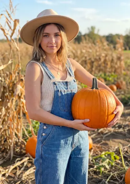 A beautiful young woman stands in a sunlit pumpkin patch, looking warmly at the camera while holding a large orange pumpkin. She is wearing denim overalls, a cream-colored knit tank top, and a brown fedora hat. Dry corn stalks are visible in the backgroun