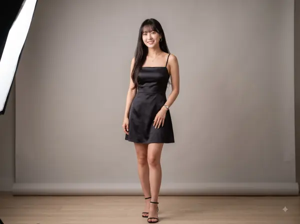 Smiling woman in a black slip mini dress posing in a photo studio with a large softbox light visible.