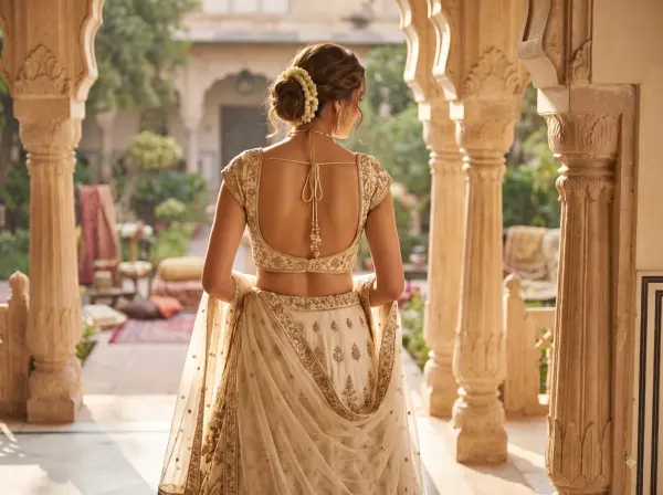Back view of an Indian bride wearing a white and gold lehenga standing between carved stone pillars in a palace.