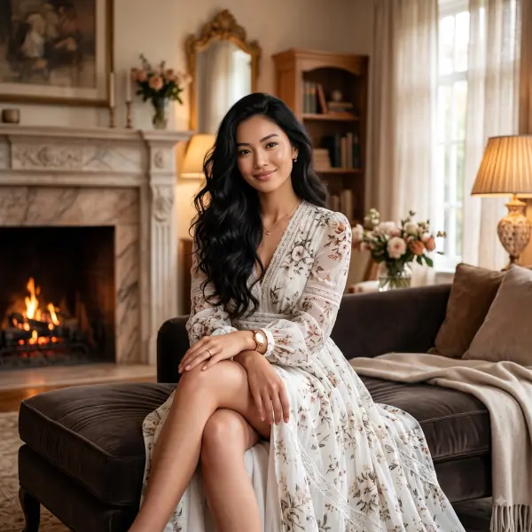 Elegant Asian woman in floral dress sitting on velvet ottoman near roaring fireplace in luxury room.