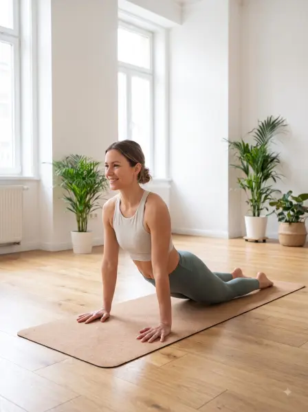 Smiling woman doing upward dog yoga pose on a cork mat in a bright wooden-floored room.