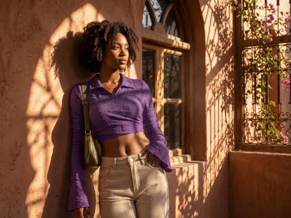 A beautiful young woman with dark curly hair is leaning against a warm, terracotta-colored wall next to an ornate window. She is wearing a textured purple long-sleeved crop top and beige corduroy pants, bathed in bright sunlight.