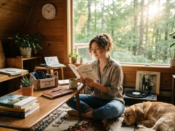 A woman sits cross-legged on a rug in a wood-paneled room, reading a book titled 'The Nature Fix'. Beside her is a coffee table with a basket labeled 'Unplugged Zone' holding phones. A golden retriever sleeps nearby, and large windows