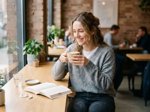 A smiling young woman wearing a grey sweater sits at a wooden window counter inside a cozy cafe, holding a coffee cup with an open book and wireless earbuds on the table in front of her.