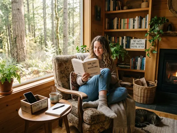 A woman sits in a patterned armchair in a wood-paneled room, smiling while reading a book. A fire burns in the fireplace, a cat sleeps on the rug, and a sign on the bookshelf reads 'NO WIFI JUST PRESENCE DIGITAL DETOX'. A box on the table says &