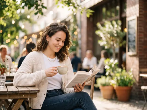 A cheerful young woman wearing a cream cardigan sits at a wooden table on a sunny outdoor cafe patio, smiling as she reads a book and holds a ceramic coffee cup.