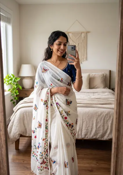 A beautiful young Indian woman wearing a white saree with colorful butterfly embroidery and a blue blouse, smiling while taking a mirror selfie with her smartphone in a bright bedroom.