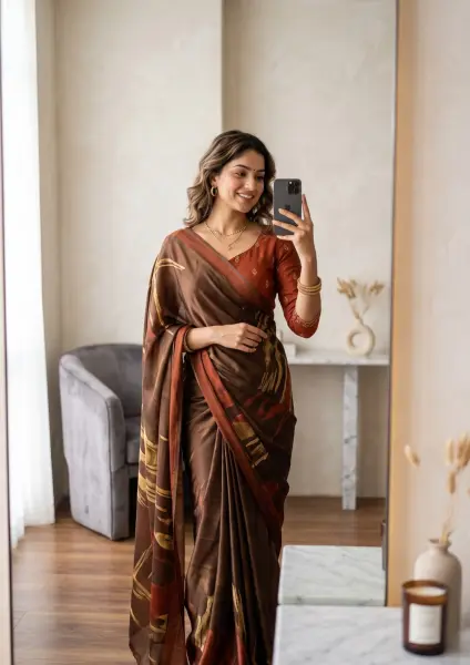 A smiling young Indian woman wearing an elegant brown printed silk saree taking a mirror selfie with her smartphone in a softly lit, modern room with neutral decor.