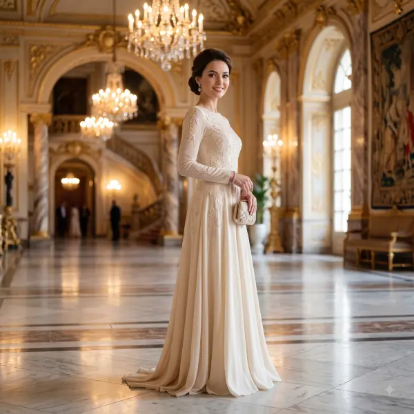 Elegant woman in cream evening gown holding a clutch standing in a luxury palace ballroom.